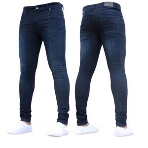 Mænds almindelige jeans med lommer Denim Skinny Bukser Navy Blue XL