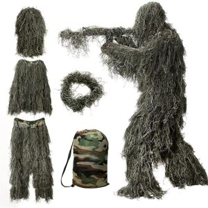 5 i 1 Ghillie-kostym, 3d kamouflagejaktkläder inklusive jacka, byxor, luva, bärväska Green 1,6m