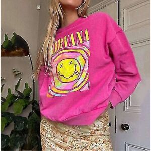 Nirvana miley Face Crewneck sweatshirt Heliconia Color Nirvana sweatshirt Present A Pink S