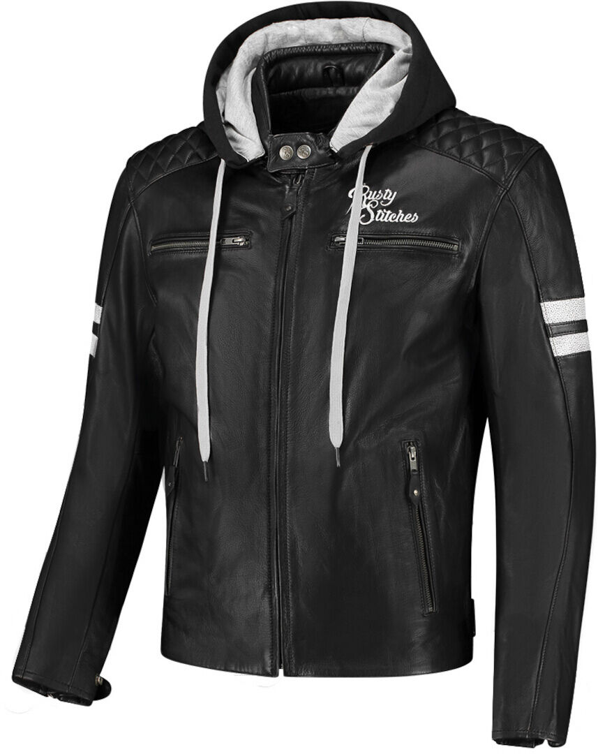 Rusty Stitches Jari Hooded V2 Chaqueta de cuero para moto - Negro Blanco (M)