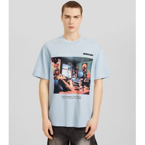 Bershka T-Shirt Boxy Manches Courtes Imprime Homme Xs Bleu Clair