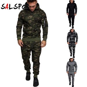 SALSPOR Costume de sport à capuche et manches longues pour hommes, imprimé Camouflage, couleur unie, fermeture éclair, décontracté, à la mode - Publicité
