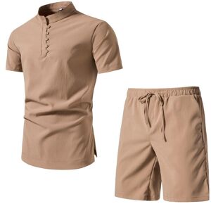 Vêtements de sport d été en coton et lin pour hommes, costume décontracté respirant à manches courtes + Short, ensemble 2 pièces - Publicité