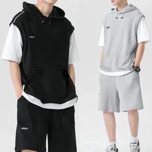 Costume de sport d été pour hommes, grande taille, respirant, tenue décontracté, sauvage, Chic de rue, faux deux pièces, t-shirt style décontracté, short Simple - Publicité