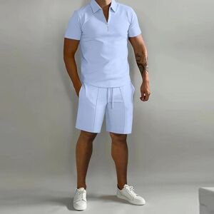 Costume d été pour hommes, t-shirt à manches courtes et revers avec fermeture éclair, ensemble 2 pièces décontracté avec poches et pantalons courts, survêtement de sport pour hommes - Publicité