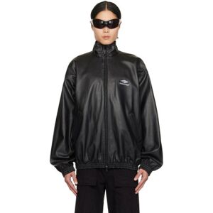 Balenciaga Blouson noir en cuir à logo brodé - L - Publicité