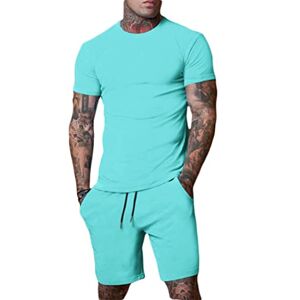 ORANDESIGNE Survêtement Homme Ensemble Jogging Sports Été 2 Pièces Vêtements Décontracté Couleur Unie Tee Shirt et Short Mode Tenue Outfit Jogger Sportswear Jogging Set Costume B Lac Bleu XXL - Publicité