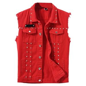 ZDJSWJ Débardeur en jean décontracté punk pour homme Veste en denim sans manches à fourche Vintage Veste coupe slim trucker en denim (Rouge,XL) - Publicité