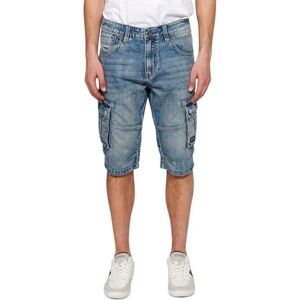 KOROSHI MANIAKS GRAPHIC DESIGN TM Koroshi Bermuda Short cargo en denim avec fermeture éclair sur le devant, 5 poches, 1 allumette et deux poches latérales, bleu clair, bleu, 30 - Publicité