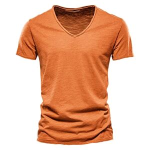 Générique T-Shirt À Manches Court Été Henley T-Shirt Décontracté T-Shirt Hommes Été Cool Shirt De Sport Décontracté Plage Tropicale pour Hommes T-Shirt à Manches Courtes en Coton à col en V (Orange, M) - Publicité