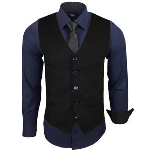 Subliminal Mode Gilet + Chemise + Cravate Homme Col Bicolore Uni Manches Longues Coupe Ajusté Business Repassage Facile RN33 Noir et Bleu Marine M - Publicité