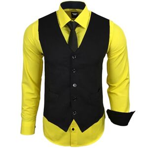 Subliminal Mode Gilet + Chemise + Cravate Homme Col Bicolore Uni Manches Longues Coupe Ajusté Business Repassage Facile RN33 Noir et Jaune S - Publicité