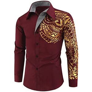 JEShifangjiusu Homme Totem Doré Imprimé Chemise à Manches Longues MaréE Slim Bouton Party Robe Chemise Or Brillant Chemise De Mode (Rouge Foncé,3XL) - Publicité