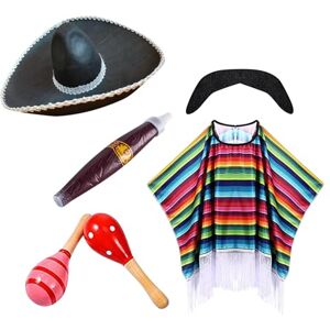 Haxkaikou Lot de 6 costumes mexicains pour homme Poncho mexicain avec franges Chapeau de cowboy en daim Avec large bord Moustache autocollante Pour femme et homme Mexique Carnaval - Publicité