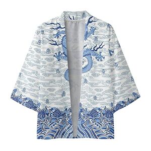 Duohropke Veste kimono japonaise pour homme Printemps et été Cool Demi manches longues Cardigan imprimé sans col Chemise antique, a-bleu, M - Publicité