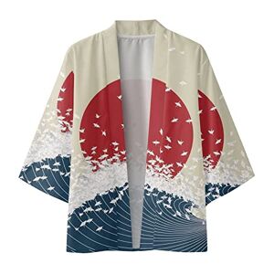 Duohropke Veste kimono japonaise pour homme Printemps et été Cool Demi manches longues Cardigan imprimé sans col Chemise antique, b-bleu, M - Publicité