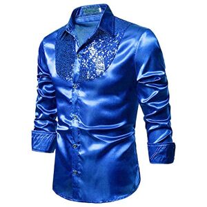 Caxndycing Chemise à manches longues en satin pour homme Coupe ajustée Pour fête, discothèque, discothèque, années 1970, 80, costume de fête à thème hippie du nouvel an, bleu, XXL - Publicité