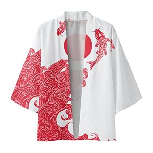 Duohropke Veste kimono japonaise pour homme Printemps et été Cool Demi manches longues Cardigan imprimé sans col Chemise antique, b-rouge, XL - Publicité