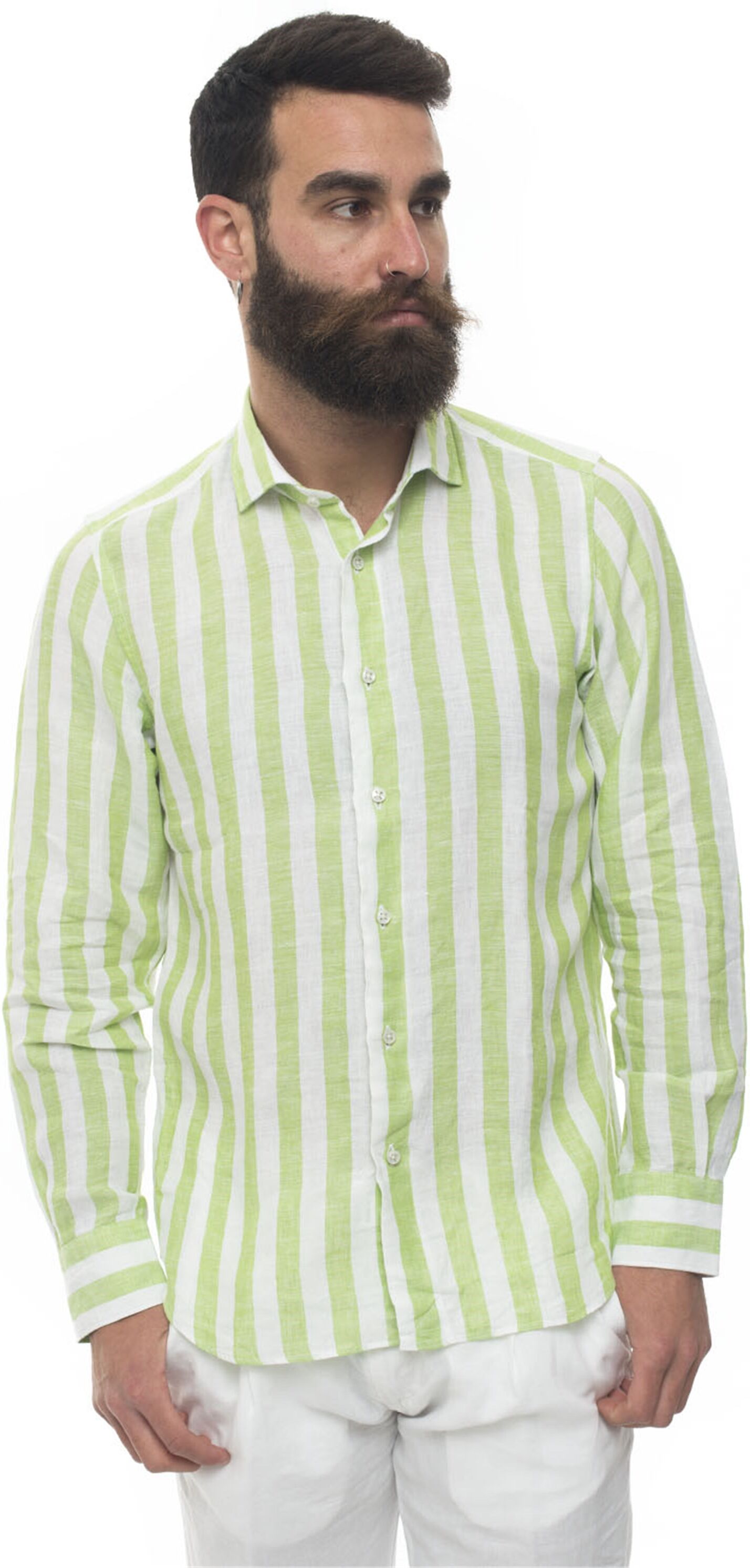 Vincenzo De Lauziers Camicia lino manica lunga Bianco-verde Uomo 3XL