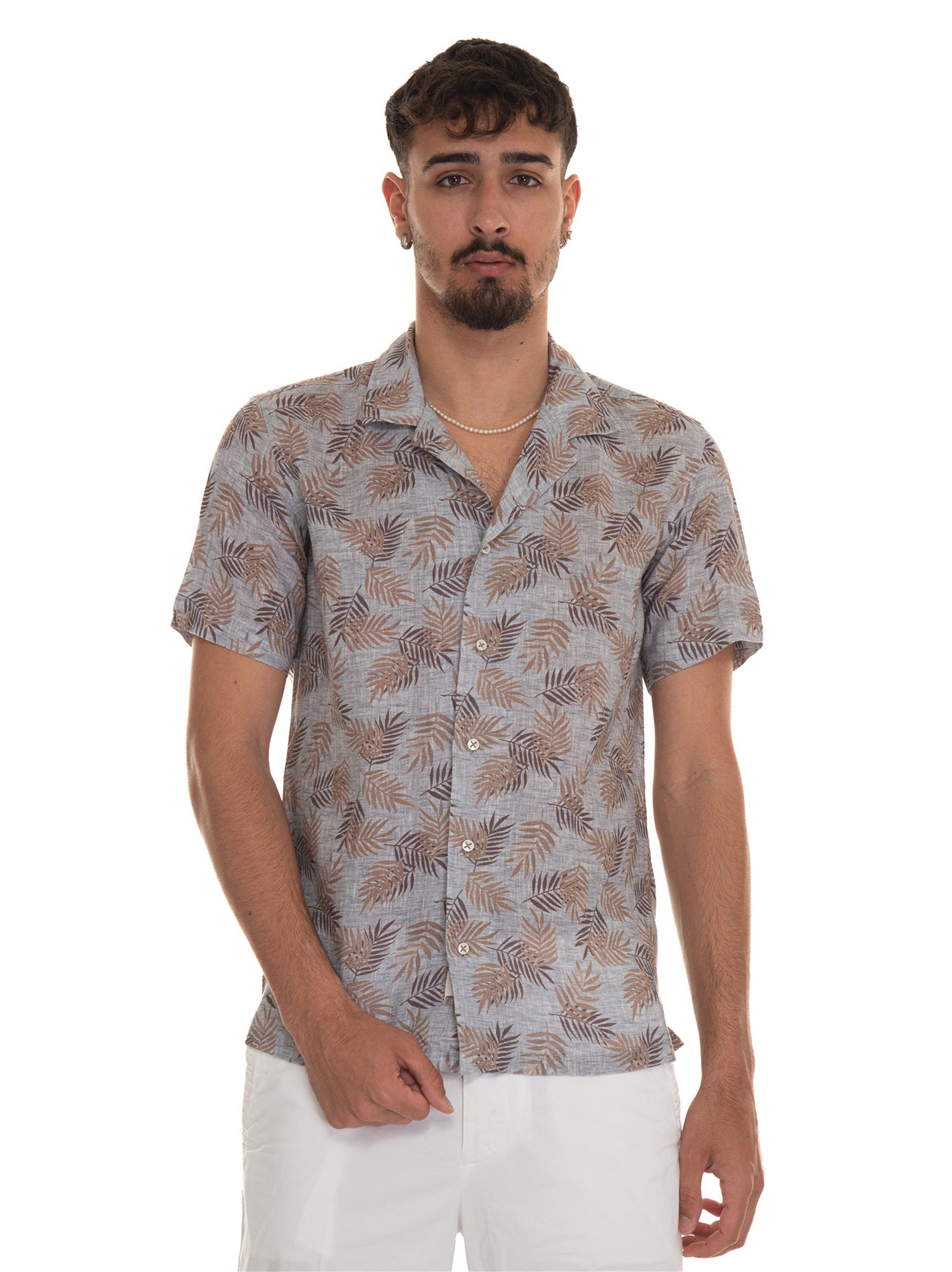 Vincenzo De Lauziers Camicia lino manica corta Beige-azzurro Uomo 3XL