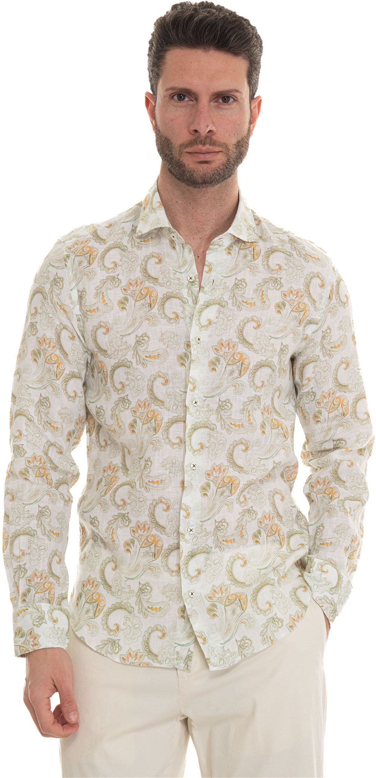 Vincenzo De Lauziers Camicia in lino Bianco-verde Uomo M