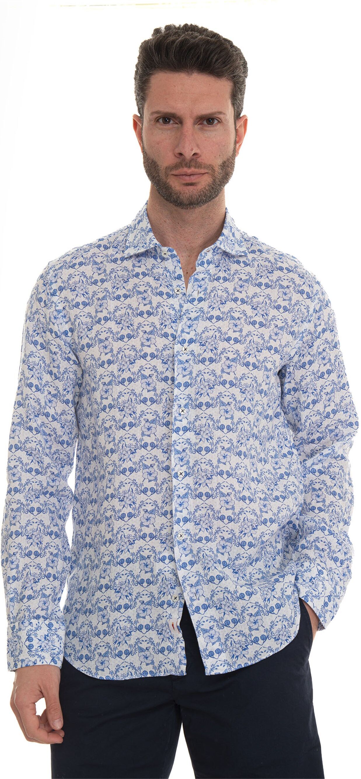 Vincenzo De Lauziers Camicia in lino Bianco-azzurro Uomo S