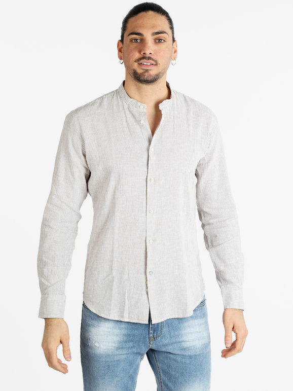 Guy Camicia alla coreana da uomo misto lino Camicie Classiche uomo Beige taglia XL