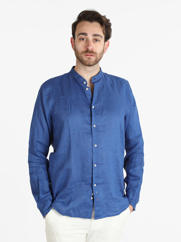 Guy Camicia in lino alla coreana da uomo Camicie uomo Blu taglia XL