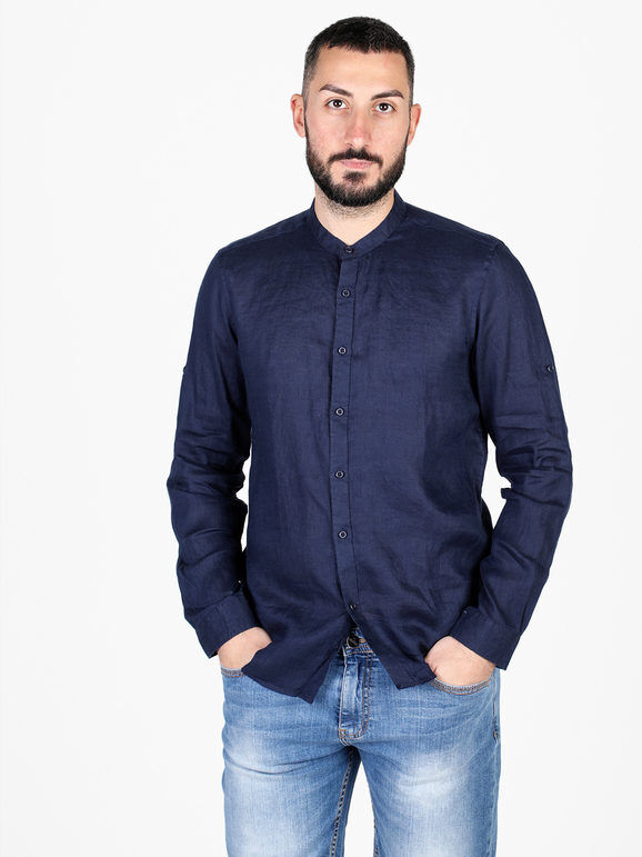 S.O.S Store Of Shirt Camicia in lino da uomo a maniche lunghe Camicie Classiche uomo Blu taglia XXL