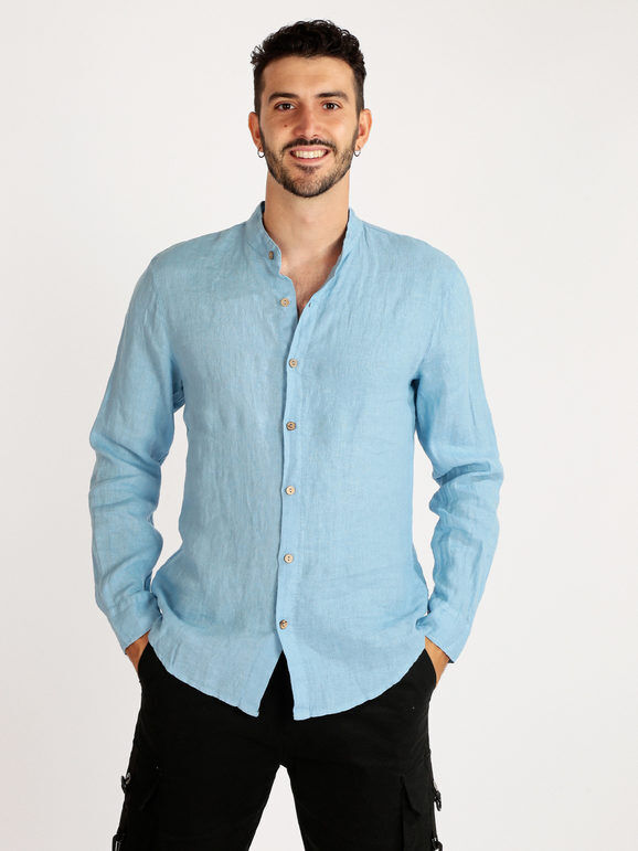 Made In Italy Camicia in lino da uomo alla coreana Camicie uomo Blu taglia 3XL