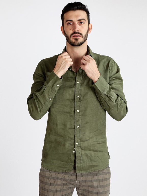 Guy Camicia in lino da uomo Camicie Classiche uomo Verde taglia XL