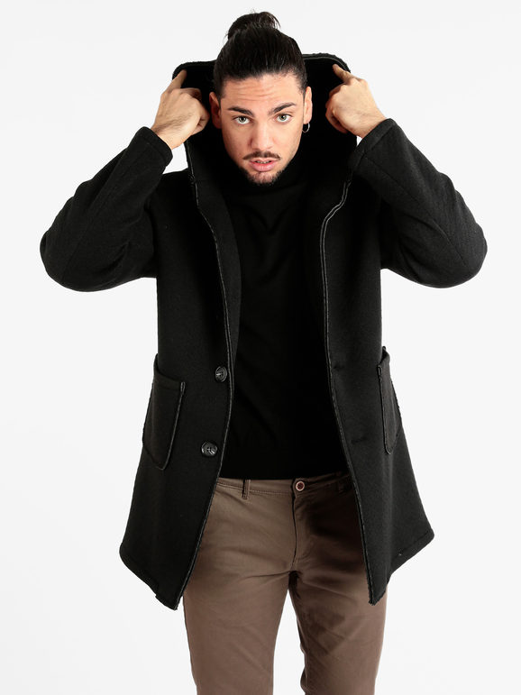 Ange Wear Cappotto misto lana da uomo con cappuccio Cappotto Classico uomo Nero taglia XL