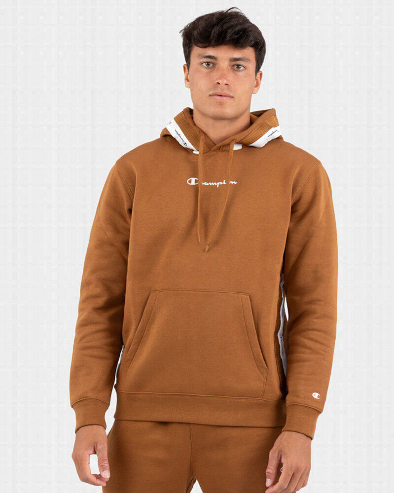 Champion Felpa Cappuccio Hoodie UOMO Pullover Tape Marrone Cotone Felpato