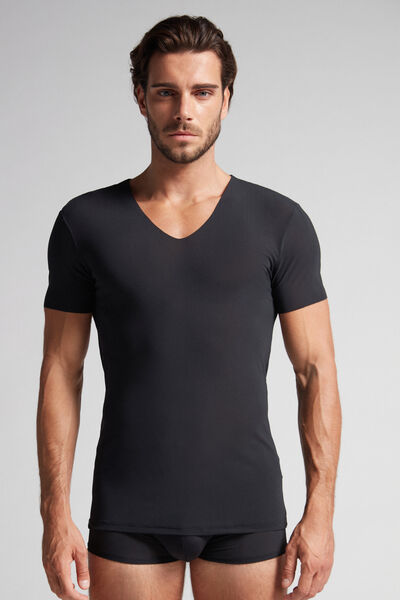 Intimissimi T-shirt in Microrete Taglio Vivo con Scollo a V Uomo Nero Taglia L