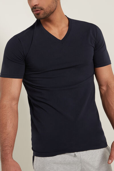 Tezenis T-shirt Scollo a V in Cotone Elasticizzato Uomo Blu Tamaño L