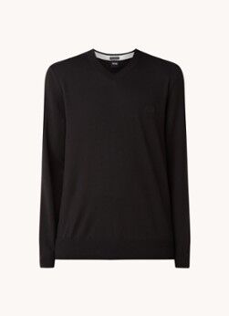 HUGO BOSS Pacello fijngebreide pullover met V-hals en logo - Zwart