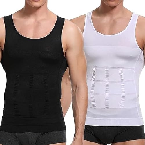 BLEDD Compressie shirts voor mannen,Slimming Body Shaper Vest voor heren,Strak linnen voor mannen,Compressie Shirt linnen (kleur : Black+White, Maat : XXL)