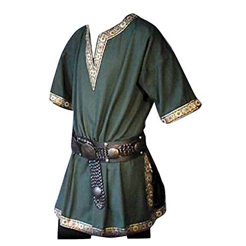 LiangZhu Middeleeuws overhemd met korte mouwen voor heren, tuniek, middeleeuws, shirt met V-hals, zonder riem, Groen, L