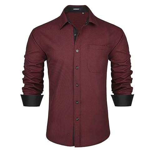 HISDERN Herenoverhemden met lange mouwen, formele overhemden voor mannen, button-down shirt, zakelijk, casual, regular fit, shirt, bruiloft, feest, werkshirts, D4-rode Shirts, 3XL
