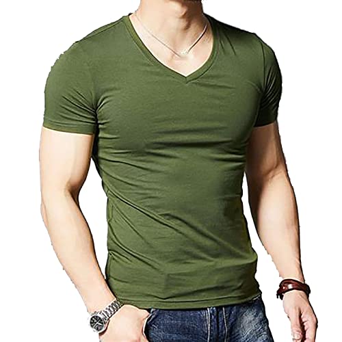 jonam Herenoverhemden korte mouw Tops Men's T-Shirts Fitness T-Shirts Men's V-Neck Men's T-Shirts Men's T-Shirts (Color : Ye?il, Size : 3XL)