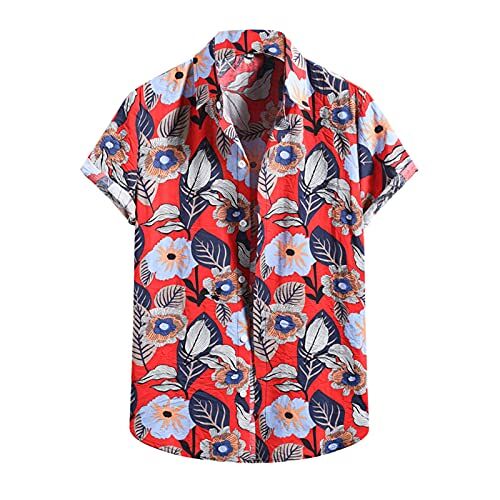 LOIJMK T-shirts heren street overhemden korte Hawaïaanse gelegenheidshemden geruit overhemden mannen, rood, L