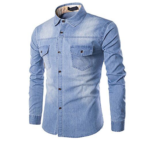 IQYU Jeanshemden heren lange mouwen XXL jeanshemd heren lange mouwen regular fit herenoverhemden revers button-down-werkhemd denim overhemden pasvorm shirts zomer zakelijke overhemden mannen jeans-overhemden lange mouwen hemd, lichtblauw, L