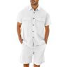 Runcati Heren 2-delige linnen set strand knoopsluiting hemd en shorts korte mouwen zomer outfits, wit, XL