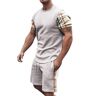 Generic Herenpakken 2024 modepakken casual pakken 2-delig herenpak met 3D korte mouwen shorts strand tropisch HawaiianSS lichaam sport shorts pak sportpak herenpakken slim fit, Beige, M