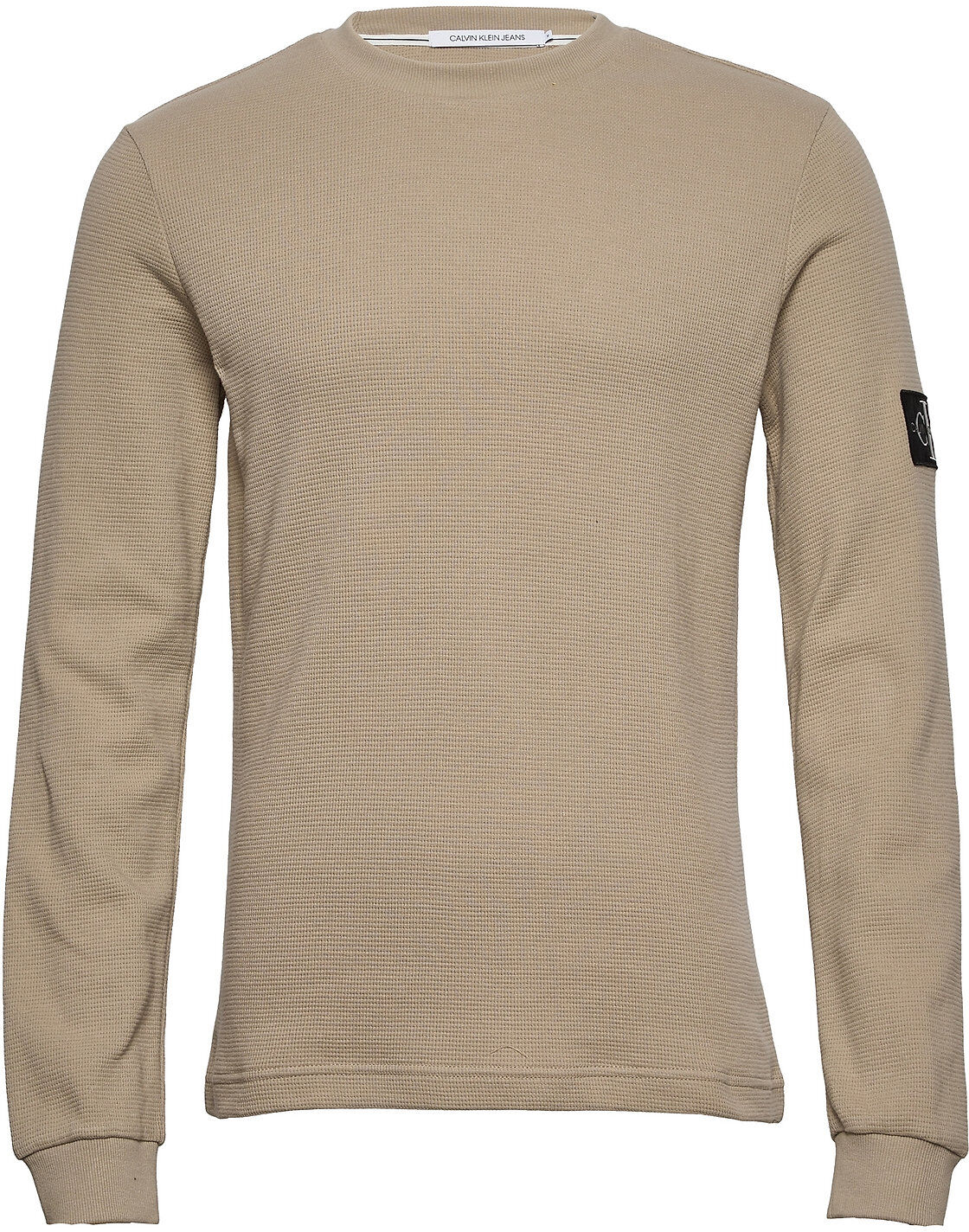 Calvin Monogram Badge Waffle Ls Tee Strikkegenser M. Rund Krage Beige Calvin Klein Jeans