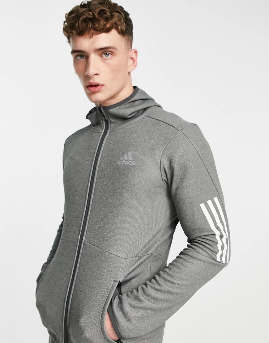 adidas performance adidas Training 3 stripe full zip hoodie in grey  Grey