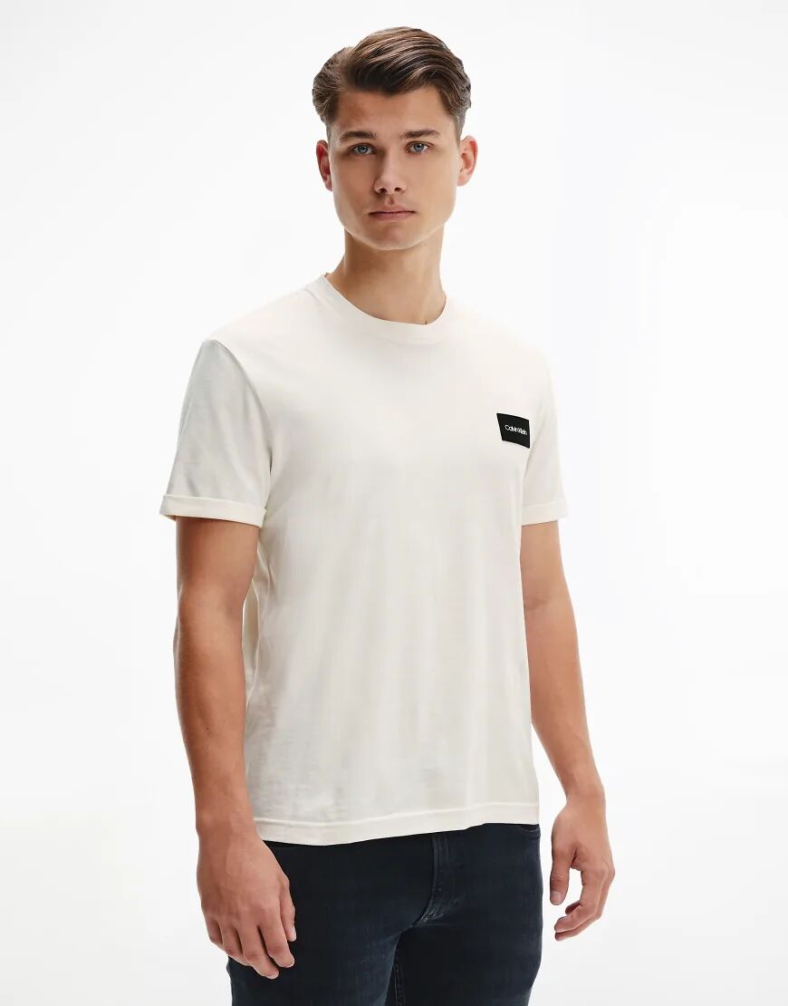 Calvin Klein turn-up sleeve badge logo t-shirt in cream-White  White