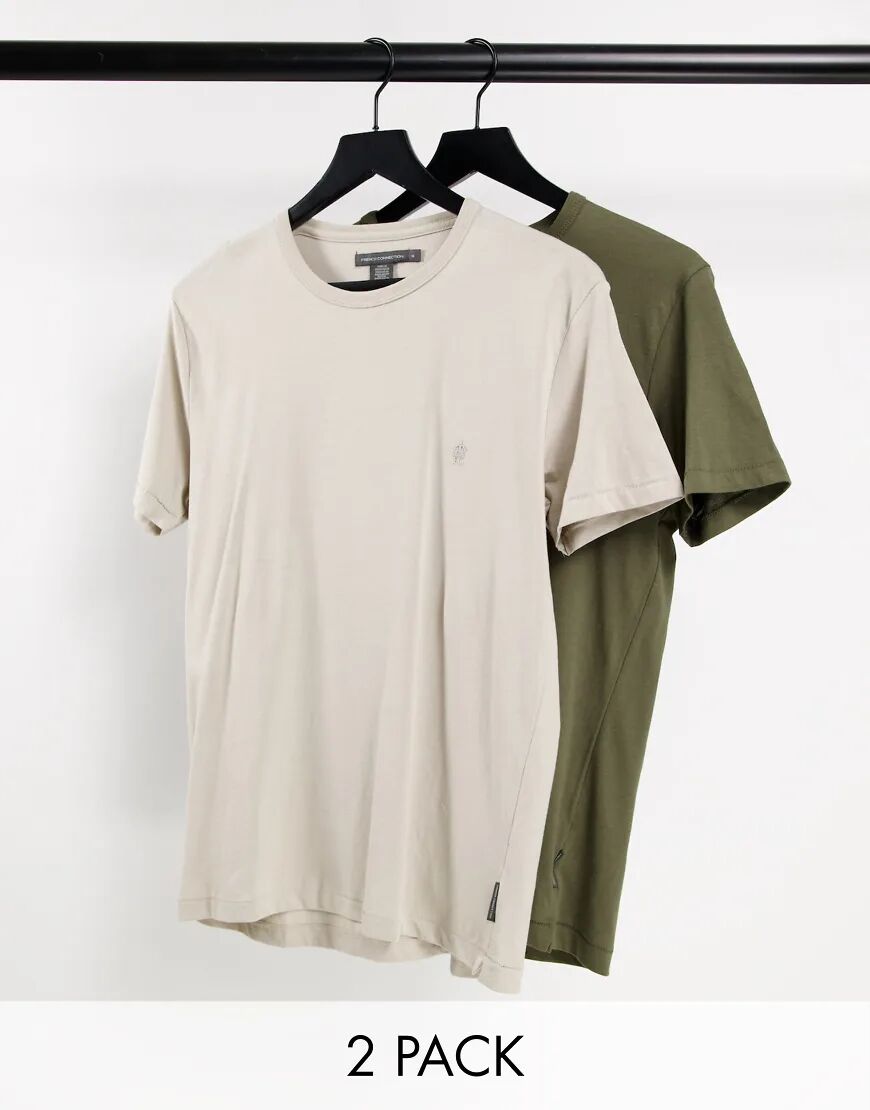 French Connection 2 pack crew neck t-shirt in khaki & stone-Green  Green