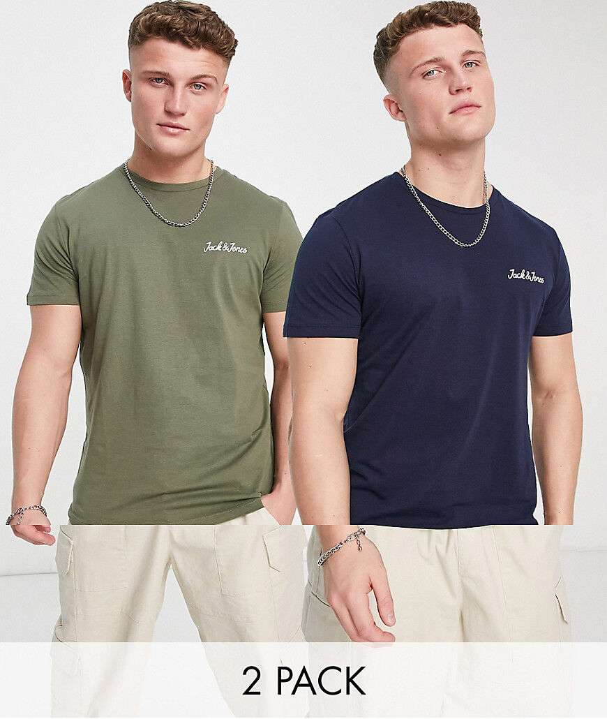 Jack & Jones Essentials 2 pack t-shirts with script chest logo in navy and khaki-Multi  Multi
