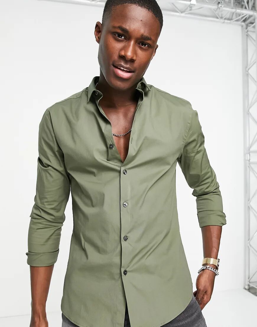 New Look long sleeve muscle fit poplin shirt in khaki-Green  Green